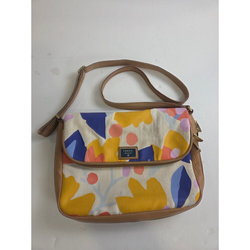 Fossil Preston Flapover Multicolor Floral Canvas Leather Trim Crossbody Handbag